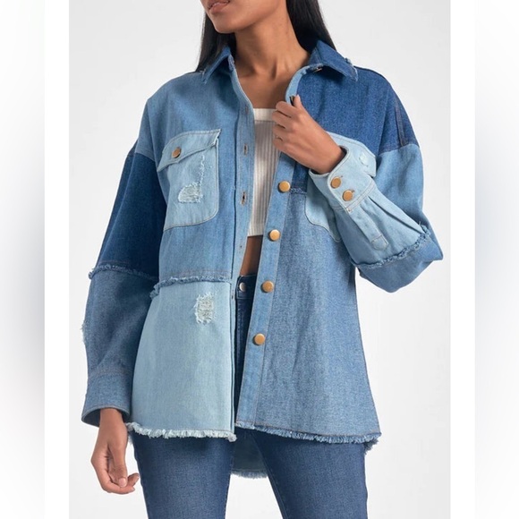 Brand New ELAN Patchwork Jacket Denim Button Up Jean Shacket Distressed Frayed - Picture 3 of 14